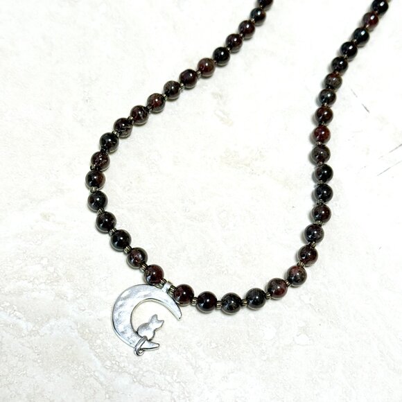 Deep Wine Red Garnet Short Necklace, Genuine Gemstone & Silver Cat on the Moon - Picture 7 of 15